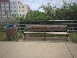 Dreary Iron and Plain Slatted Wood Park Bench with Trash Can with overgrown vegetation near the train station in Providence Rhode Island RI USA  A Restful Respite