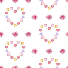 Seamless watercolor romantic pattern with petals and pink rose