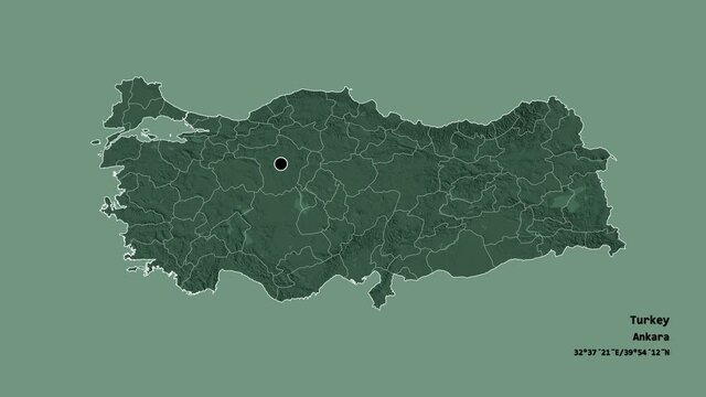 Afyon, province of Turkey, with its capital, localized, outlined and zoomed with informative overlays on a administrative map in the Stereographic projection. Animation 3D