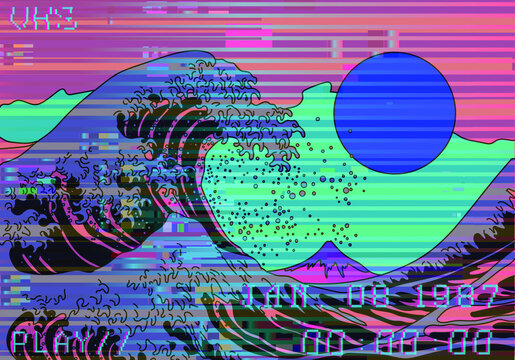 View on the Mount Fuji and ocean's crest leap on glitched screen with  flickers and stripes. Retro 80's style vibe.