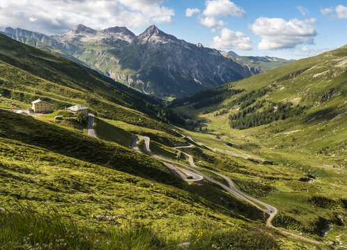 Splugen pass in summer, alpine serpentine road, Switzerland