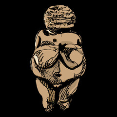 Venus of Willendorf. Paleolithic female figurine from Austria. Stone age sculpture. Great Mother archetype. Fat pregnant lady. Fertility goddess. Hand drawn colorful rough sketch. © Olena