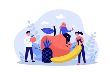 Fototapeta na wymiar Happy people keeping healthy diet. Men and women holding fruits, apple, pineapple, banana. illustration for fitness, dietitian nutrition, organic food concept