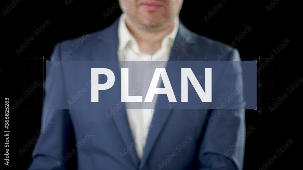 Poster businessman browses through objective, policy and plan options on the modern display
