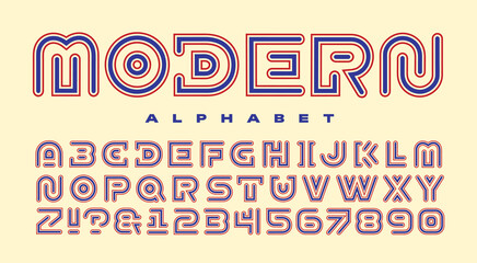 Fototapeta premium A Sleek and Modern Alphabet with Rounded Blue Strokes and Red Stroke Outlines. Letters are Defined with Minimal Contours for a Bold Urban Vibe.