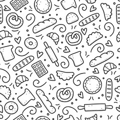 Hand drawn seamless pattern of bakery elements, bread, pastry, croissant, cake, donut. Doodle sketch style. Baking element drawn by digital pen. Vector illustration for banner, fabric, textile design.