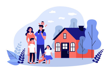 Fototapeta na wymiar Happy family couple with kids and pet standing together outside, in front of their house. illustration for home, real estate, residential area concept