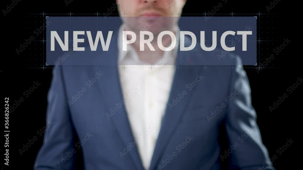 Poster businessman browses through idea, design and new product options on the modern display