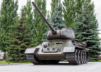 Old legendary Soviet tank monument of history.
