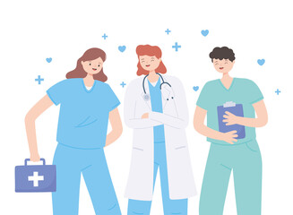 thank you doctors and nurses, medical people with stethoscope and kit first aid