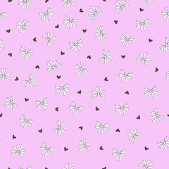 Beautiful seamless pattern made of white ribbon bows and black hearts on pink background. Endless texture for wedding, baby, birthday party. Vector design. Modern pattern for surfaces. 