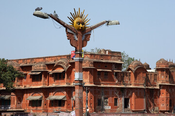 Fototapeta na wymiar Stylized sun street lamp in Jaipur, India