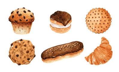 Fresh baked goods set. Cookies, muffin, eclair, croissant, profiterole isolated on white background. Watercolor hand-drawn illustration. 
Perfect for your project, cards, prints, covers, menu,patte