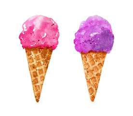 Set of bright pink and purple ice cream in a waffle cone isolated on white background. Watercolor hand-drawn illustration. 
Perfect for your project, cards, prints, covers, menu, patterns.