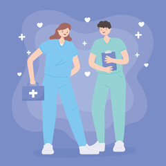 thank you doctors and nurses, male and female nurse with kit and clipboard