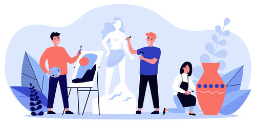 People from artists community creating artworks flat illustration. Cartoon characters painting, drawing and sculpting at workshop. Studio residence, graphic design and art concept