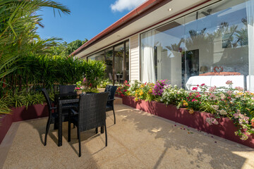 Exterior design of house, home and pool villa terrace, landscape garden and table