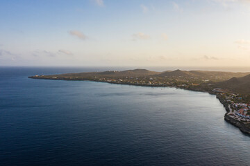 Aerial view of coast of Curaçao in the Caribbean Sea with turquoise water, cliff, beach and...