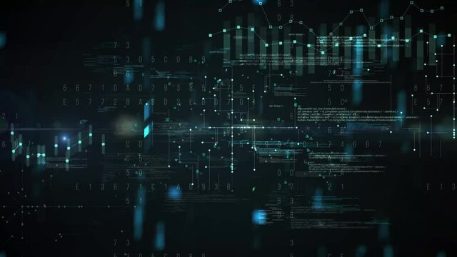 Stock market business data visualization, in a 3D space, showing pie charts, numbers and graphs. Tech background.