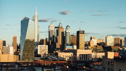 A Day To Night Timelapse View Of The Futuristic Skyline Of Philadelphia In Pennsylvania - time lapse