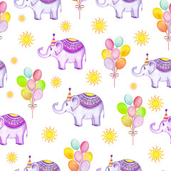 Elephant, balloons, sun pattern cartoon. Illustration for printing, backgrounds, wallpapers, covers, packaging, greeting cards, posters, stickers, textile and seasonal design. Isolated on white.