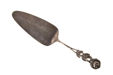 Antique silver-plated shovel for cake, isolated on a white background