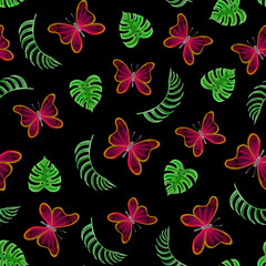 butterfly, monstera and palm leaves cartoon pattern on a black background. Illustration for printing, backgrounds, wallpapers, covers, packaging, greeting cards, posters, stickers, textile.