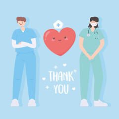 thank you doctors and nurses, team medical people with heart cartoon
