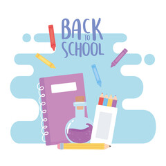 back to school, notebook laboratory flask pencil color education cartoon