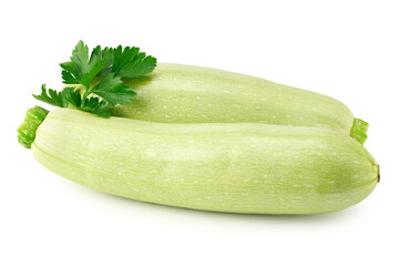 fresh green zucchini or marrow with parsley isolated on white background