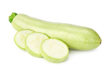 fresh green zucchini or marrow with slices isolated on white background