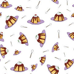 pudding chocolate topping and spoon white seamless vector pattern design