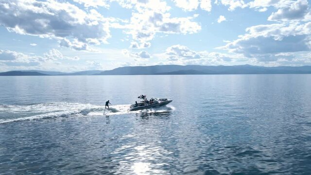 Wake Surfing & Boating on Flathead Lake in Montana - Aerial Drone