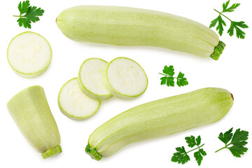fresh green zucchini or marrow with slices and parsley isolated on white background. Top view