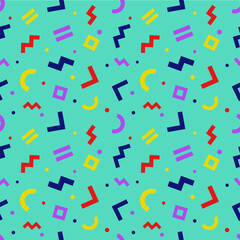 Memphis style seamless pattern. Colorful geometric chaotically oriented shapes background with light backdrop. Vector. Wrapping paper texture. Abstract cover design. Pattern template in swatches panel