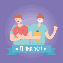 thank you doctors and nurses, male and female nurse character with heart and clipboard