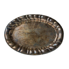 Antique tray, silver plated plate isolated on a white background. Vintage dishes covered with patina