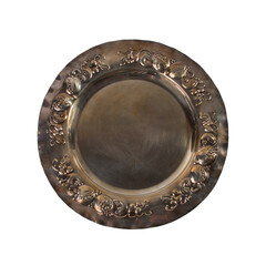 Antique silver dish, plate in patina, isolated on white background.