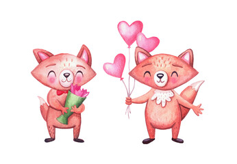 Cute watercolor foxes with pink balloons and flowers for holidays. Funny forest animals character.