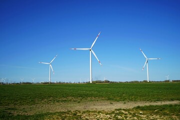 Wind turbines under a blue sky in summer