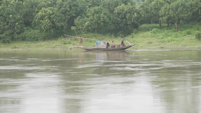 A boat is passing by a mango forest through the river stream.