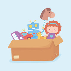 doll robot car duck toys object for small kids to play cartoon in cardboard box