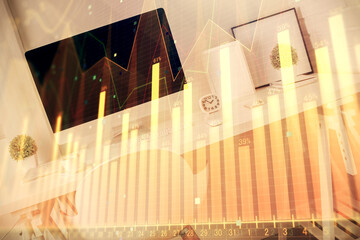 Double exposure of financial graph drawing and office interior background. Concept of stock market.