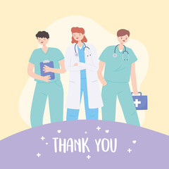thank you doctors and nurses, medical personnel team with stethoscope and kit first aid