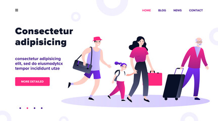 Happy tourists with suitcases walking together flat vector illustration. Group of people travelling abroad. Family with bags going from airport. Men and women during trip. Tourism and journey concept