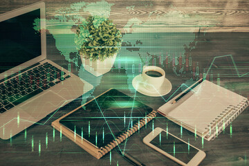 Double exposure of financial graph drawing and cell phone background. Concept of forex trading