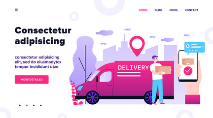 Happy courier delivering package to customer flat vector illustration. Client making order via smartphone app and tracking online. Service, GPS technology and delivery concept.