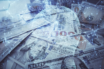 Double exposure of brain drawing over us dollars bill background. Technology concept.