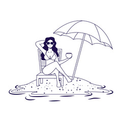 young woman relaxing on the beach seated in chair and umbrella