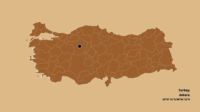 Bitlis, province of Turkey, with its capital, localized, outlined and zoomed with informative overlays on a solid patterned map in the Stereographic projection. Animation 3D